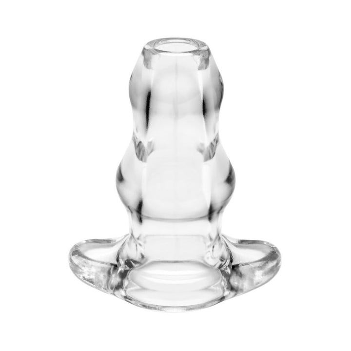 Clear medium-sized D-Tunnel Plug with dual tapered design and hollow center for versatile use.