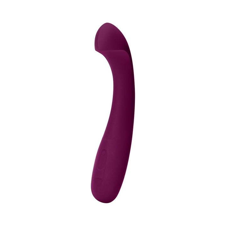 Plum-colored curved G-spot vibrator made of smooth silicone with ergonomic handle and control buttons.