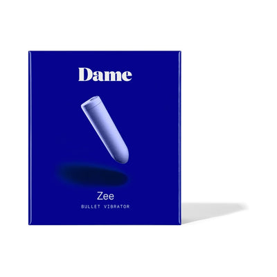 Packaging box of Dame Zee Bullet Vibrator in periwinkle with product image on a blue background.