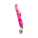 Fuchsia pink G-spot vibrator with rotating beads, dolphin-shaped clitoral stimulator, and removable battery compartment.