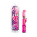 Fuchsia pink Dancing Dolphin vibrator with rotating beads and clitoral stimulator shown in and out of packaging.