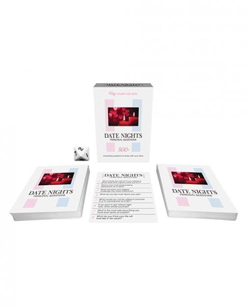 Date Nights Personal Questions game set with two decks of cards, a die, and a box featuring romantic imagery.