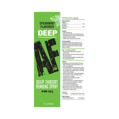 Deep AF spearmint flavored deep throat numbing spray in green packaging with usage and ingredient details.