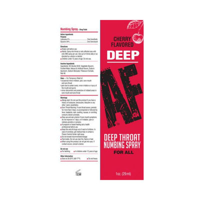 Cherry flavored Deep AF deep throat numbing spray packaging with usage and ingredient details on label.