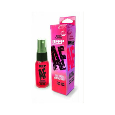 Cherry flavored Deep AF deep throat numbing spray bottle with matching pink and purple packaging box.