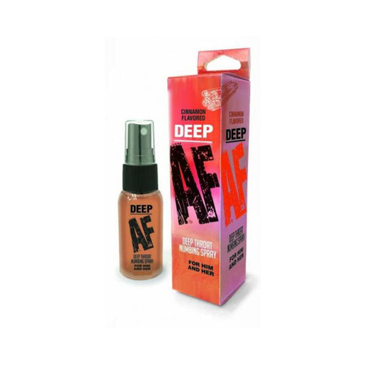 Deep AF cinnamon flavored deep throat numbing spray bottle with matching orange and pink packaging.
