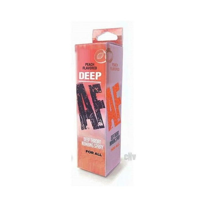 Peach flavored Deep AF deep throat numbing spray in orange and pink packaging for oral desensitizing.