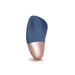 Compact blue and rose gold silicone device designed for gentle external stimulation with a smooth, ergonomic shape.