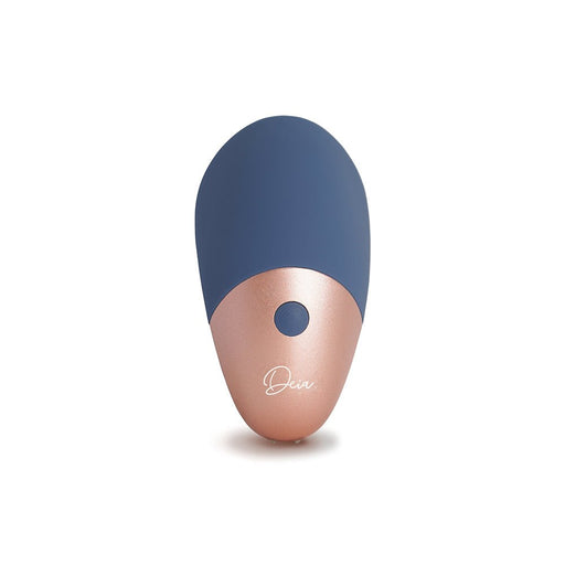 Compact blue and rose gold silicone clitoral stimulator with single button control and sleek ergonomic design.