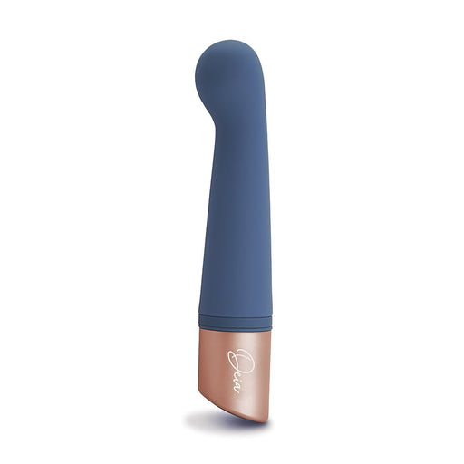 Blue silicone intimate wellness device with curved tip and rose gold base, standing upright on white background.