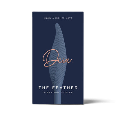 Deia The Feather Vibrating Tickler packaging in navy blue with feather design and rose gold script logo.