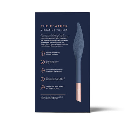 Packaging of Deia The Feather Vibrating Tickler in blue with product features and benefits listed.