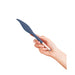 Hand holding a sleek blue silicone feather-shaped vibrator with a metallic base against a white background.