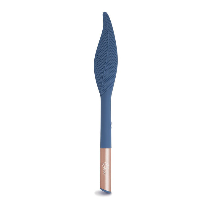 Blue silicone feather-shaped vibrator with textured details and rose gold handle, sleek and compact design.