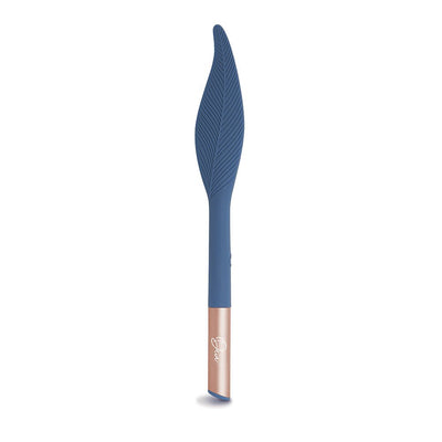 Blue silicone feather-shaped vibrator with textured details and rose gold handle, sleek and compact design.