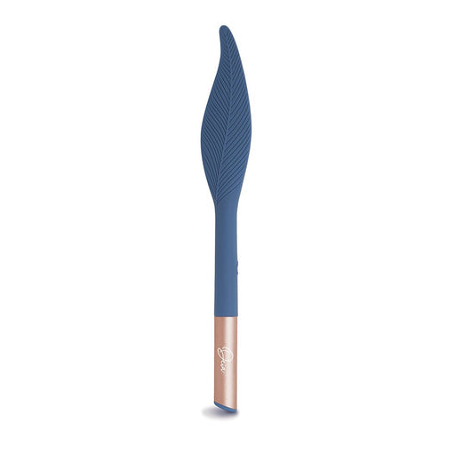 Blue silicone feather-shaped vibrator with textured details and rose gold handle, sleek and compact design.