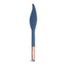 Blue silicone feather-shaped vibrator with textured details and rose gold handle, sleek and compact design.
