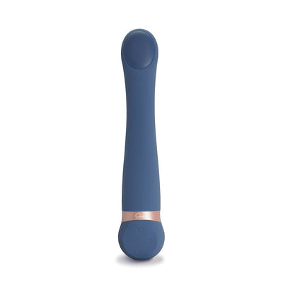 Blue silicone hot and cold massager with curved design and control buttons on the base.