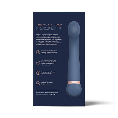 Packaging box of Deia Hot & Cold Silicone G-Spot Massager with product features and image on navy background.
