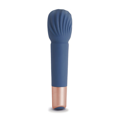 Blue silicone wand massager with textured head and rose gold base on white background.