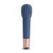 Blue silicone wand massager with textured head and rose gold base on white background.