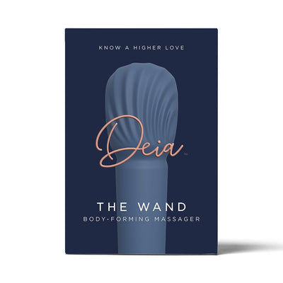 Deia The Wand body-forming massager in blue silicone with textured head on navy blue packaging box.
