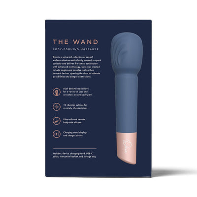 Packaging box of Deia The Wand silicone massager in blue with product features and contents listed on the back.