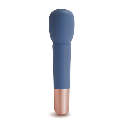 Blue silicone wand massager with rounded head and rose gold base on white background