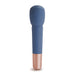 Blue silicone wand massager with rounded head and rose gold base on white background