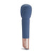 Blue silicone wand massager with textured head and rose gold base, standing upright on white background.