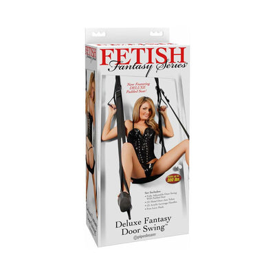 Packaging of Fetish Fantasy Series Deluxe Door Swing featuring a model demonstrating the adjustable padded seat and straps for secure support.