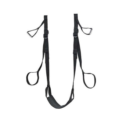 Black adjustable Fetish Fantasy Deluxe Door Swing with padded seat and wrist straps for secure suspension.