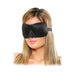Woman wearing a black plush padded neoprene blindfold with an adjustable elastic strap.