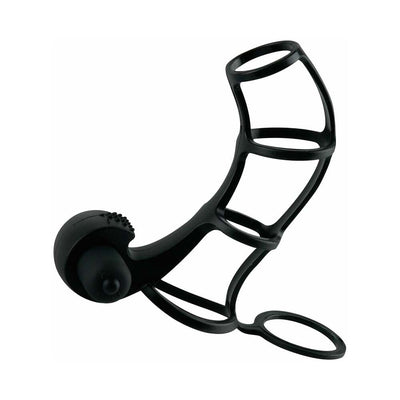 Black silicone power cage with open frame design and attached vibrating stimulator for enhanced sensation.
