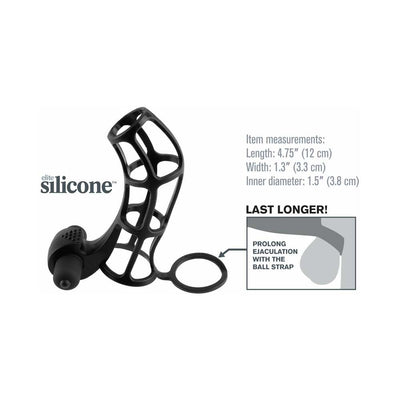 Black deluxe silicone power cage with open design and attached ball strap, shown with size measurements and usage diagram.