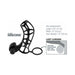 Black deluxe silicone power cage with open design and attached ball strap, shown with size measurements and usage diagram.