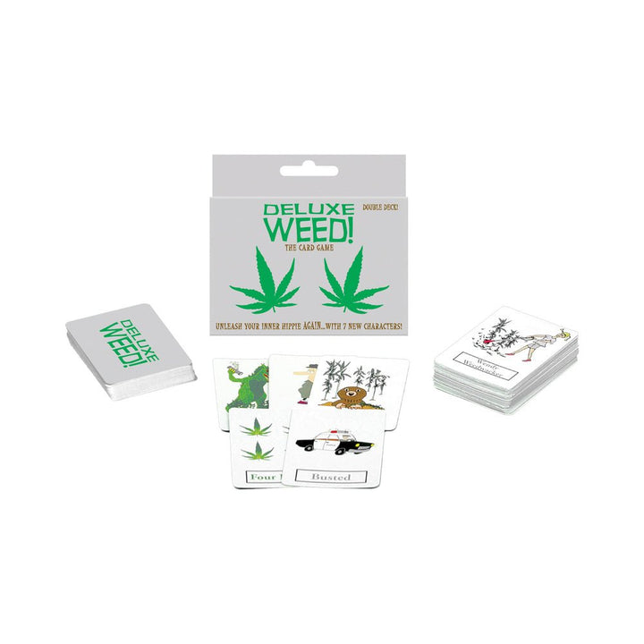 Deluxe Weed card game box with two decks and illustrated playing cards featuring plants, characters, and a police car.