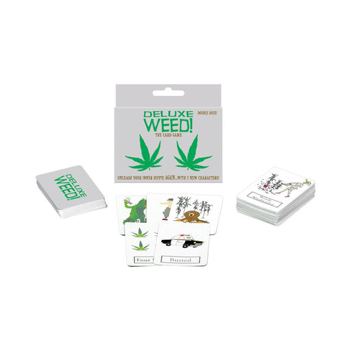 Deluxe Weed card game box with two decks and illustrated playing cards featuring plants, characters, and a police car.
