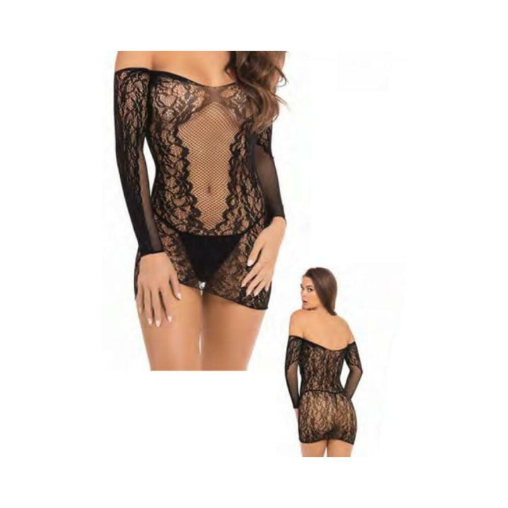 Black off-the-shoulder long sleeve mini dress with sheer lace and mesh detailing, shown from front and back.