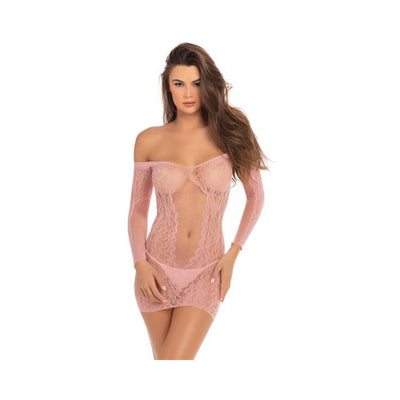 Woman wearing a rose-colored off-the-shoulder long sleeve lace mini dress with sheer detailing.