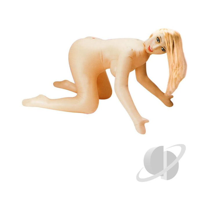 Inflatable love doll in kneeling doggie style pose with blonde hair and realistic facial features.