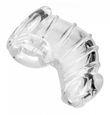 Clear flexible thermoplastic rubber chastity cage with distinct chambers and ribbed design for comfort and discreet wear.