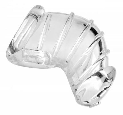 Clear flexible thermoplastic rubber chastity cage with distinct chambers and ribbed design for comfort and discreet wear.