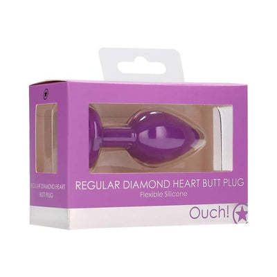Purple regular-sized silicone butt plug with diamond-shaped base in clear display box.