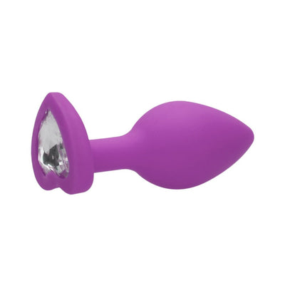 Purple silicone butt plug with a heart-shaped base featuring a clear diamond detail.