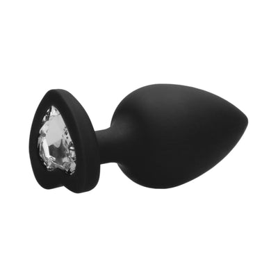 Extra large black silicone butt plug with a flexible neck and heart-shaped clear diamond base.