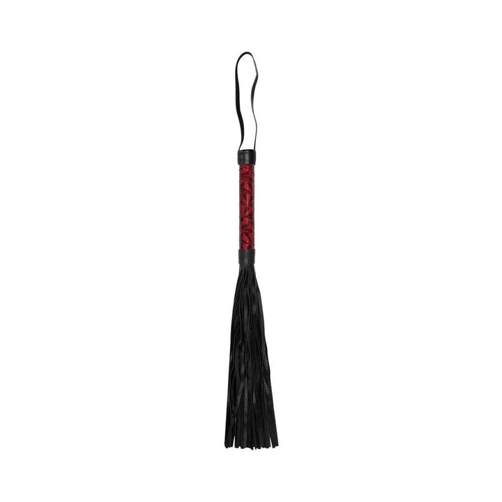 Burgundy faux-leather whip with diamond pattern handle and black leather tassels, featuring a wrist loop.