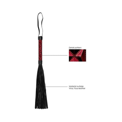 Burgundy faux-leather whip with diamond pattern handle and black vinyl floggers, featuring a wrist loop for control.