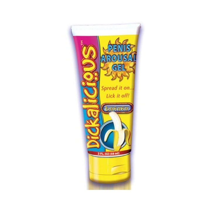 Tube of Dickalicious Banana Flavor Penis Arousal Gel with bright yellow and blue packaging and a peeled banana graphic.