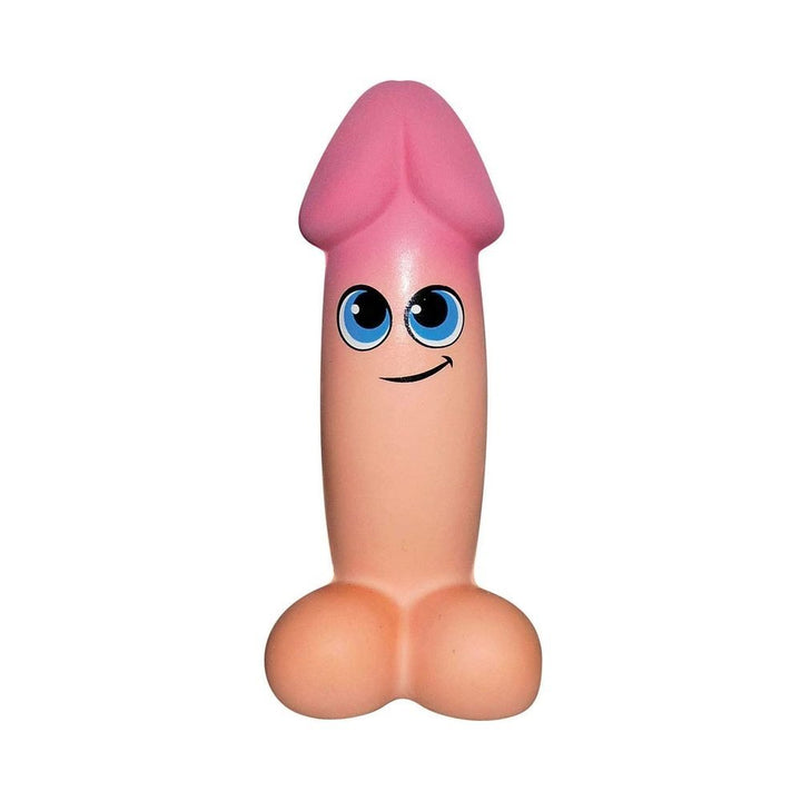 Cartoon-style pink and beige squishy toy with a smiling face and blue eyes, designed as a playful novelty item.